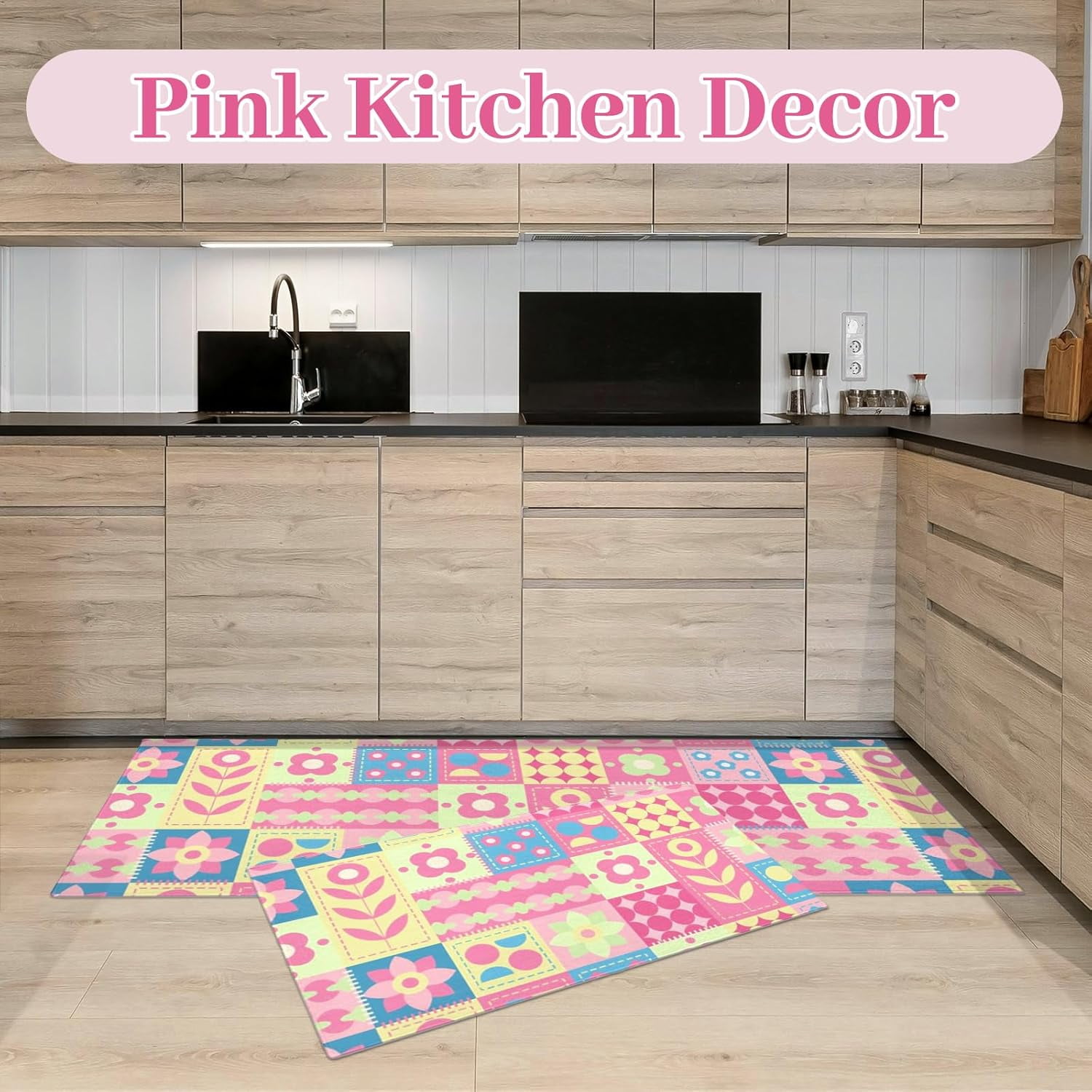 Colorful Cute Pink Kitchen Mats for Floor Set of 2, Geometry Yellow Floor Mat Carpet Runner Area Rug Washable, Pink Home Kitchen Decor and Accessories Stuff, 17x30 and 17x47 Inch