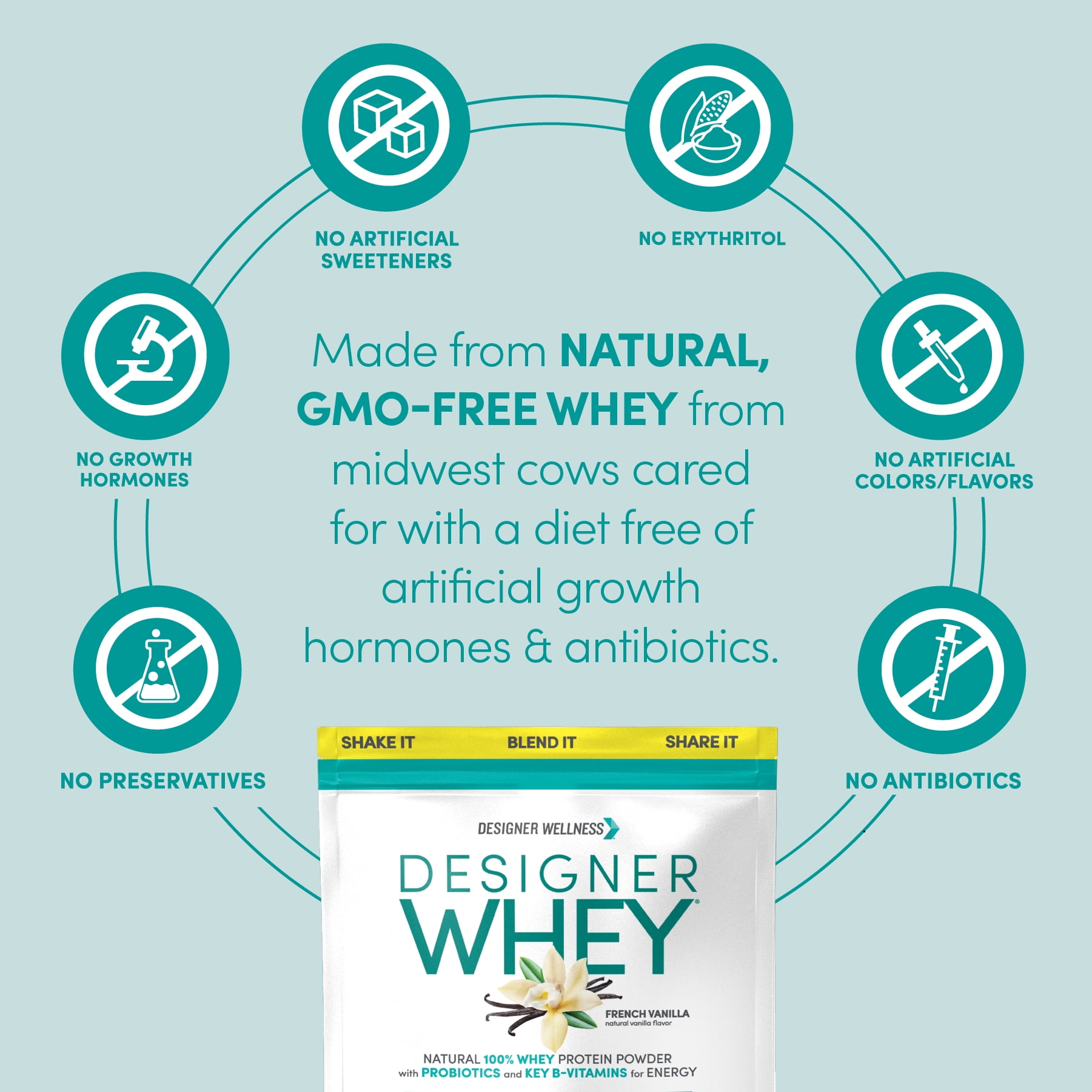 Designer Wellness, Designer Whey, Natural 100% Whey Protein Powder with Probiotics, Fiber, and Key B-Vitamins for Energy, Gluten-free, Non-GMO, French Vanilla, 2 lb