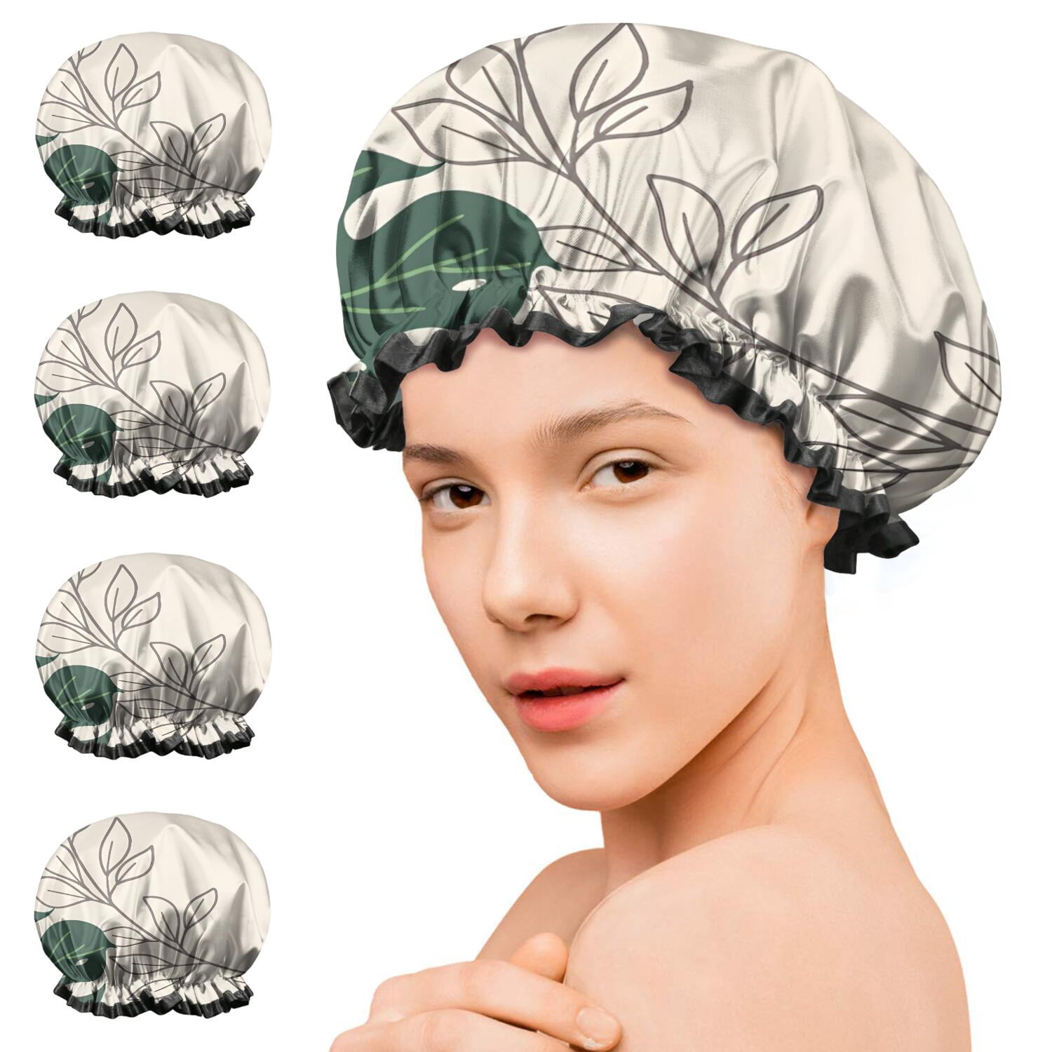 Shower Caps,Orange Boho Plant Pattern Waterproof Shower Cap for Women 4 Pieces,Double Reusable Hair Cover for Shower PEVA Elastic Stretch Hem