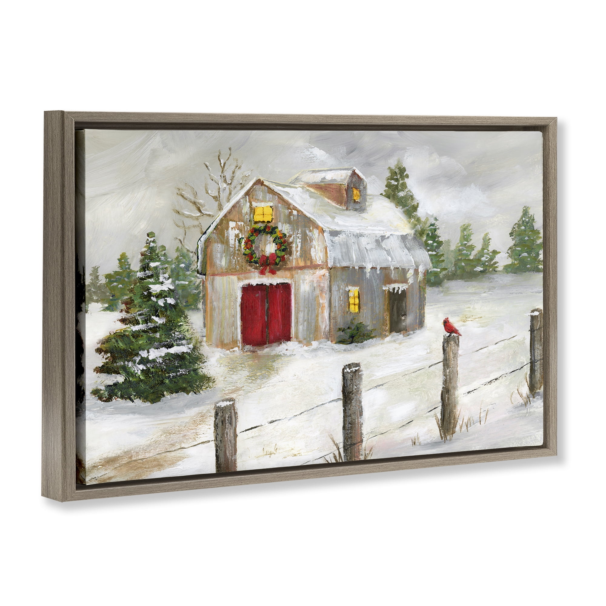 Stupell Industries Winter Farmhouse Scene Holiday Painting Brown Floater Framed Canvas Art Prints Wall Art, 31 x 21