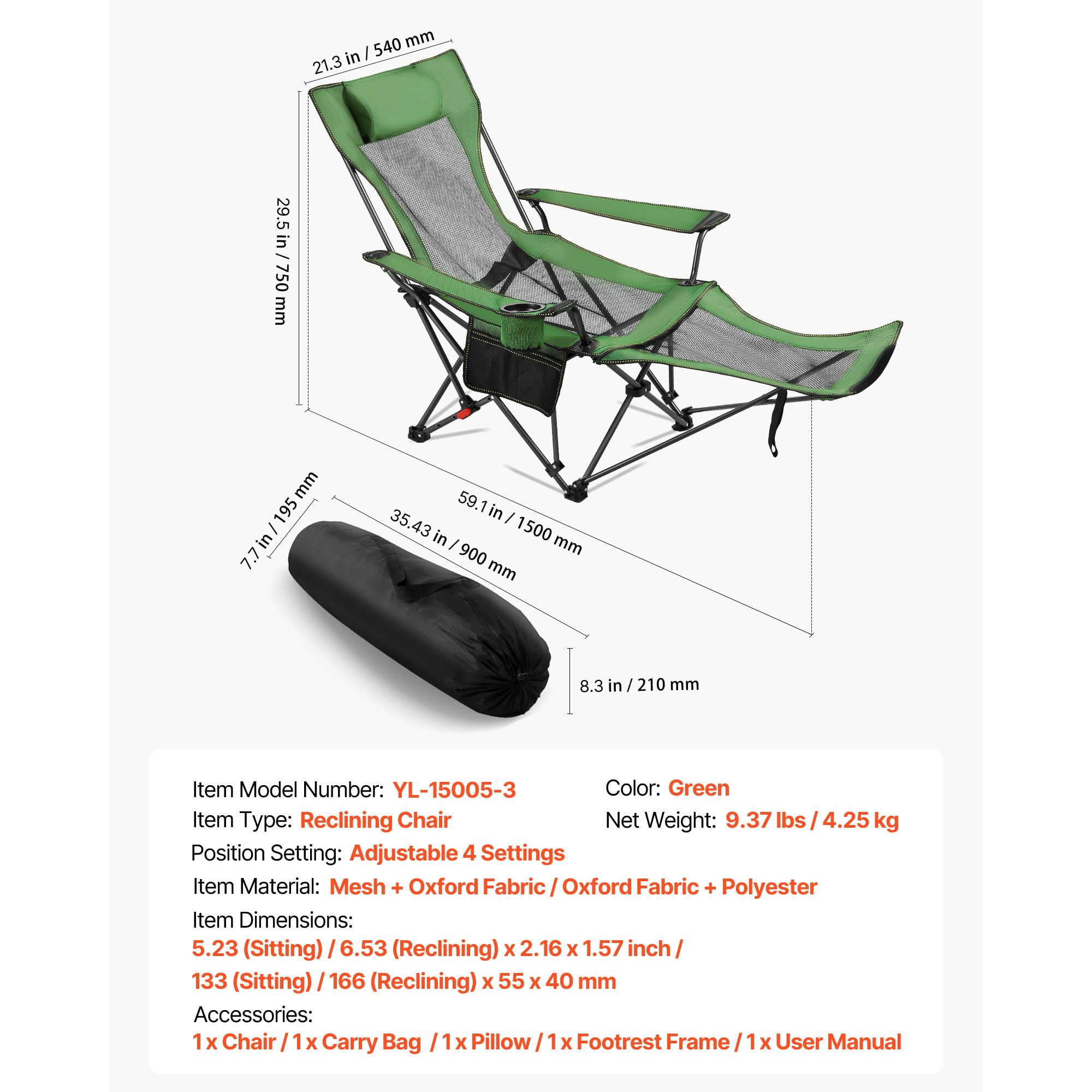 Foldable Reclining Lounge Chair 4-Position Adjustable, 220 lbs Capacity, Detachable Footrest, Cup Holder, for Camping Beach Patio