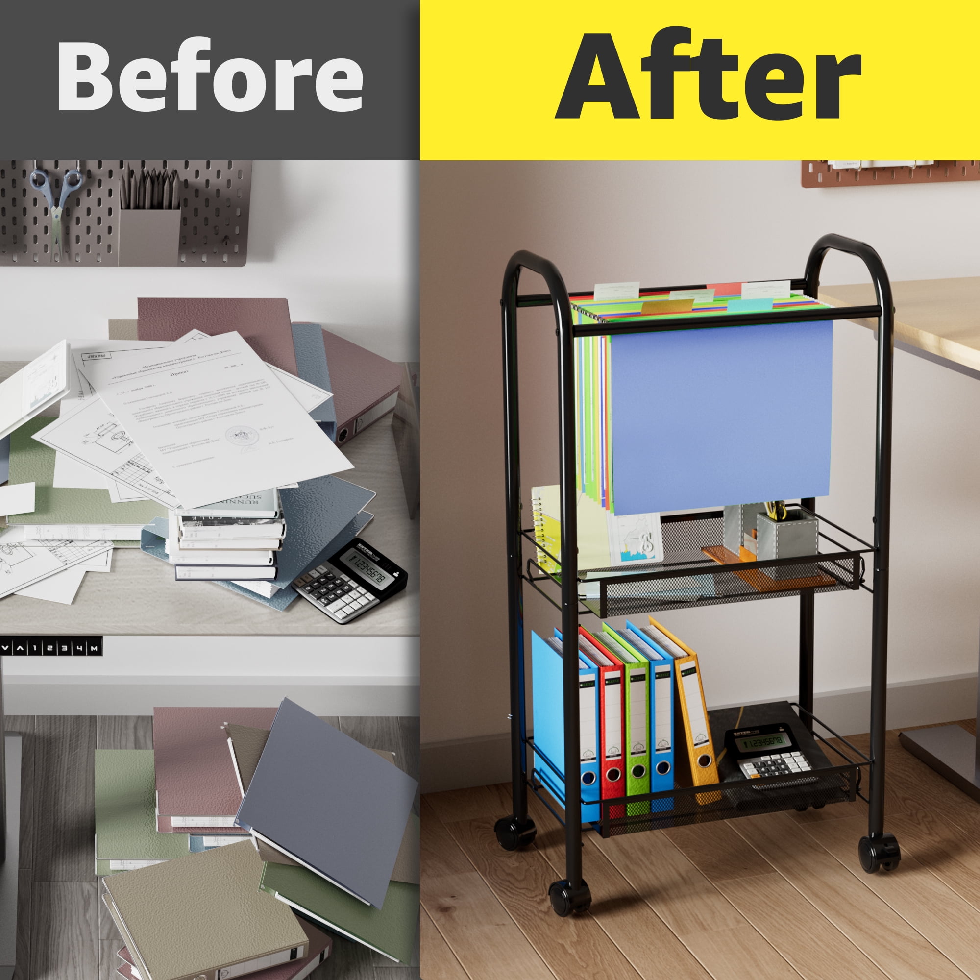 Rolling File Cart WONDERBUY 2-Tier Hanging File Folders, Lockable Wheels and Detachable Wheels Rolling Storage Cart, - Ideal for Office, Home, School.