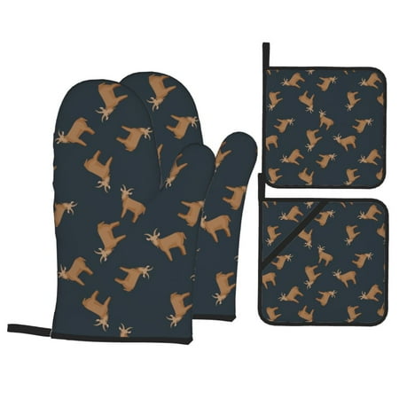 

Oven Mitts and Pot Holders Sets 4 pcs - Minimalist Cute Goat Cartoon Heat Resistant Silicone Oven Gloves with Non-Slip Silicone Surface and hot pads for kitchen Baking Cooking BBQ