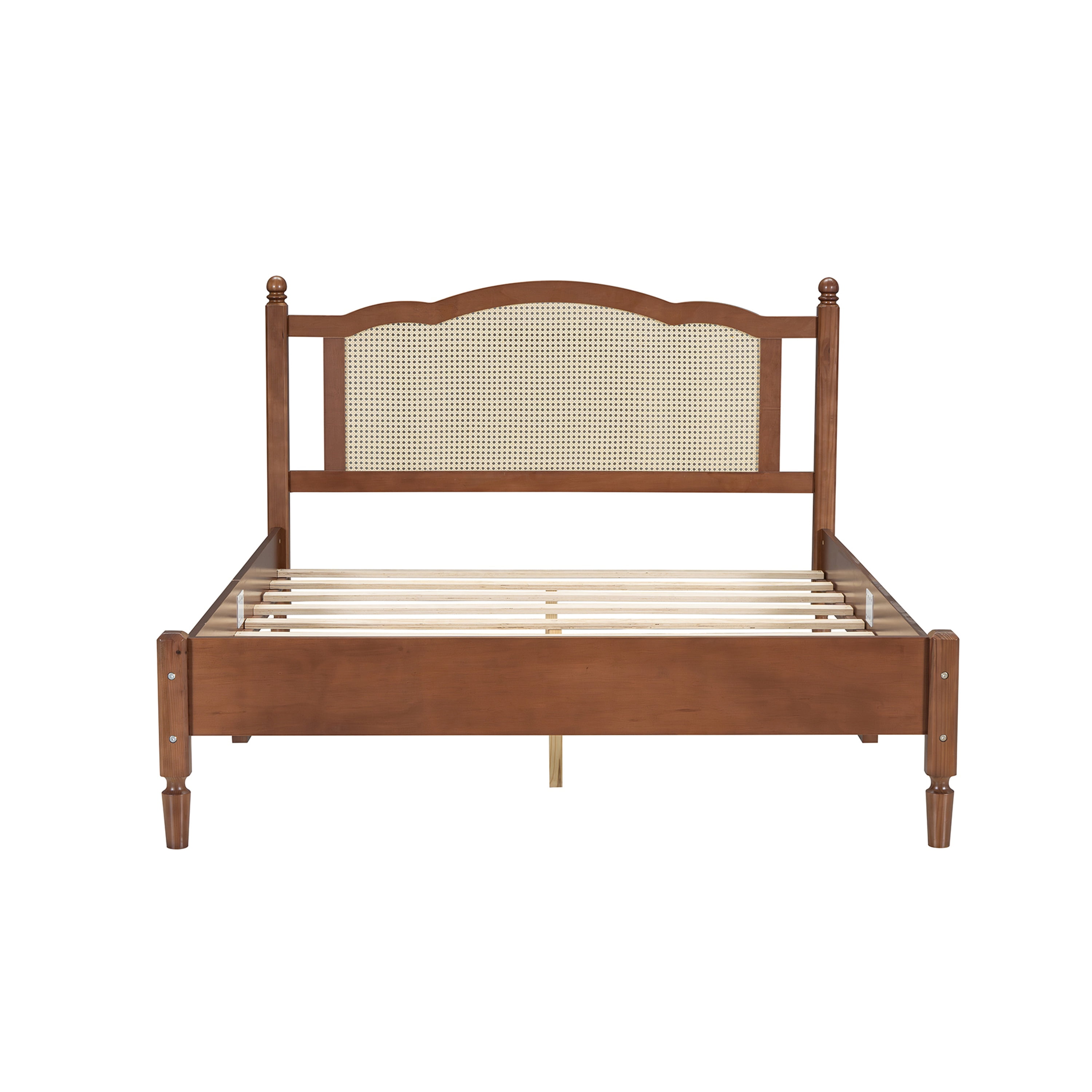 SESSLIFE Platform Bed Frame, Wood Modern Queen Size Bed with Natural Rattan Headboard, Vintage Queen Bed Frame with Slat Support, No Box Spring Needed, Walnut