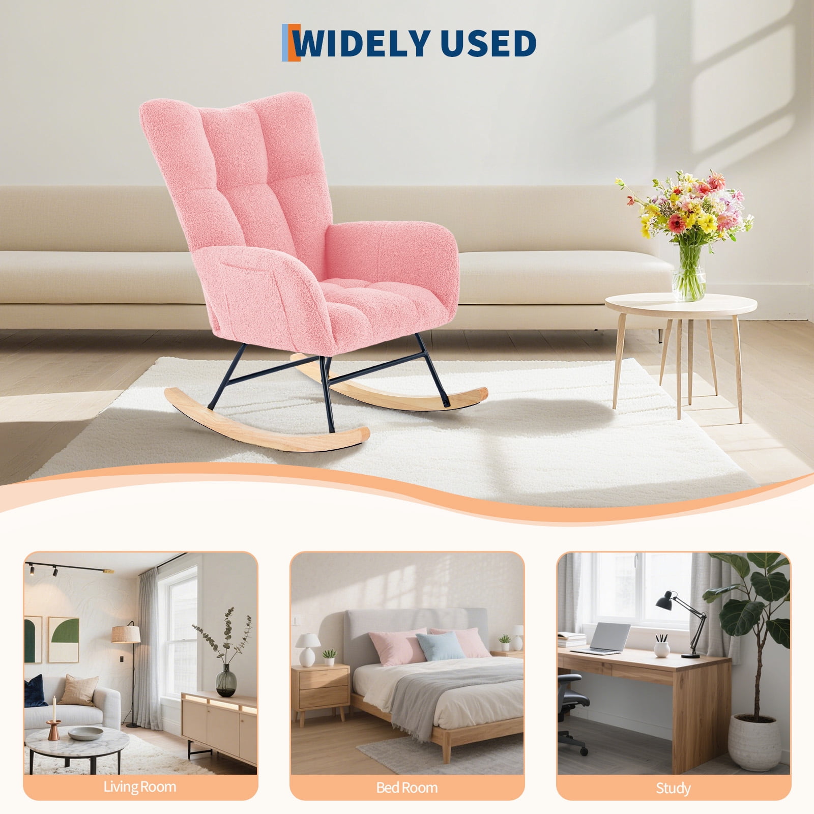 Cozy Upholstered Rocking Chair, Modern Glider Design for Nursery or Living Room, Comfortable High-Back Seat with Neck Pillow Support, Durable Metal Frame and Wooden Rockers, Pink