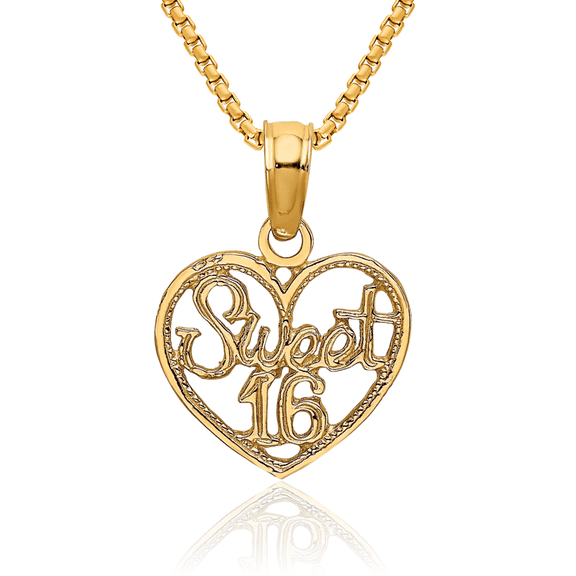 14K Solid Yellow Gold Sweet 16 Years Old Birthday Heart Necklace Love Pendant Charm