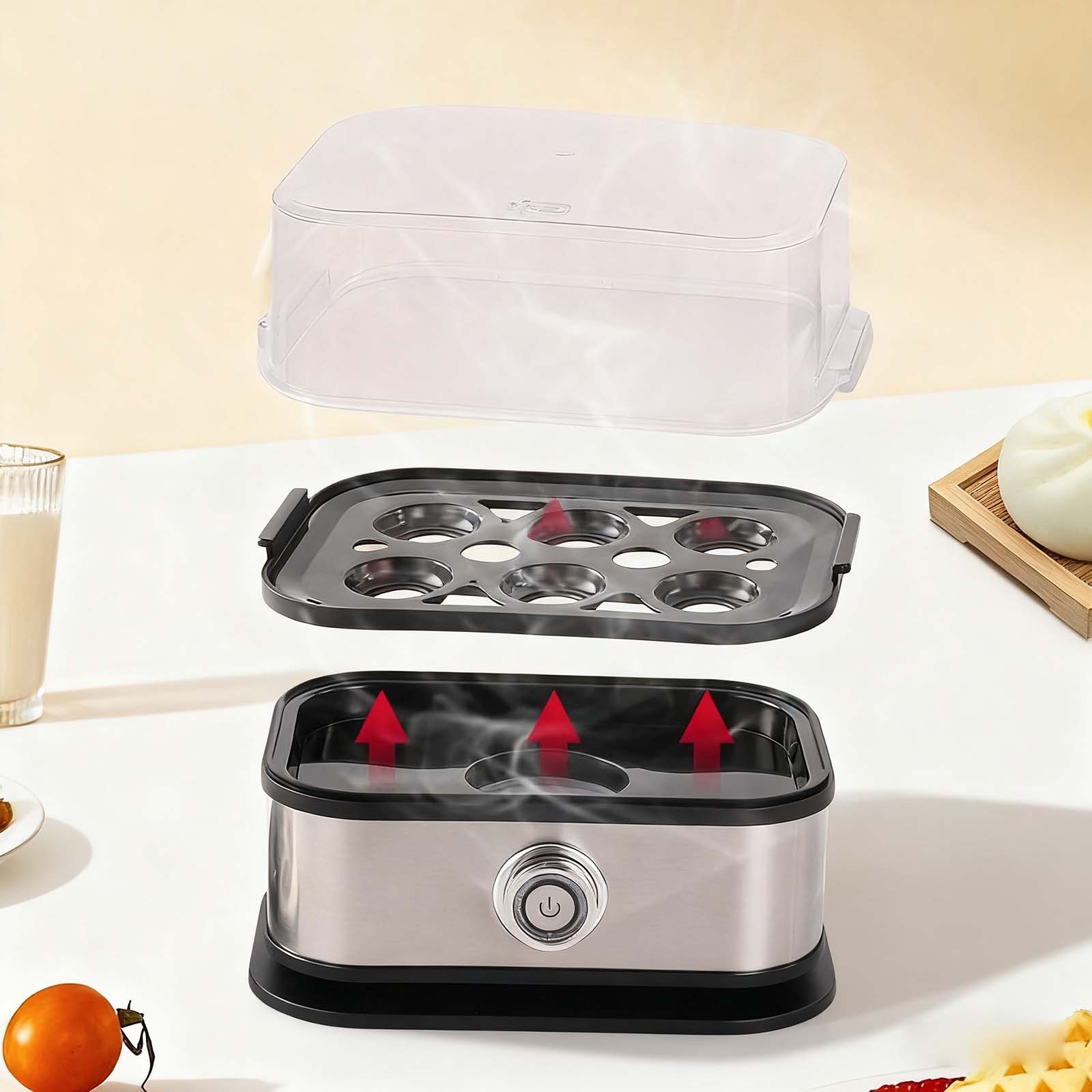 110V Stainless Steel Electric Egg Cooker & Steamer  Portable, Multi-Function Breakfast Maker for Perfect Eggs