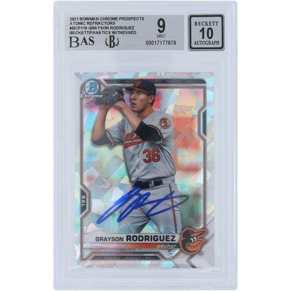 Grayson Rodriguez Baltimore Orioles Autographed 2021 Bowman Chrome Prospects Atomic Refractor #BCP-118 Beckett Fanatics Witnessed Authenticated 9/10 Card - Fanatics Authentic Certified