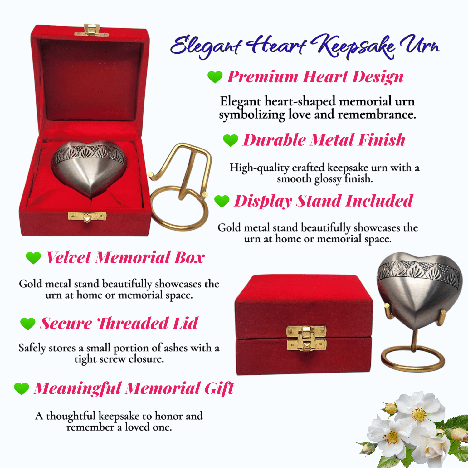 SMIURNS Hand-Engraved Silver Pewter Heart-Shaped Keepsake Cremation Urn for Human or Pet Ashes - Decorative Small Token Urn  with Leaf Motif - Display Stand and Velvet Gift Box