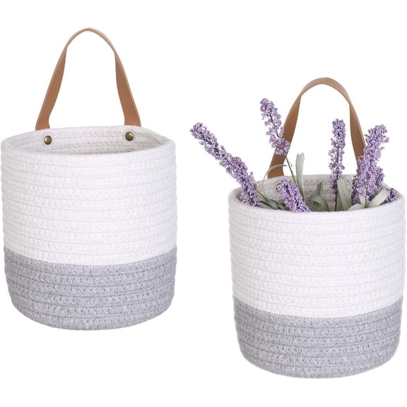 2pack Small Basket- Rope Wall Basket with Handle, Storage Baskets, Shelf Baskets Storage Bin Closet Organizer 6"x6.3", Woven Basket - (White & Grey)