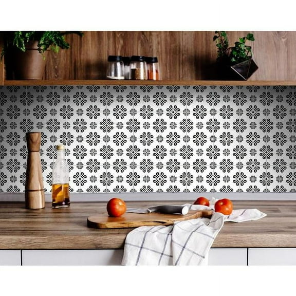 HomeRoots 8" X 8" Black and White Daisy Peel and Stick Removable Tiles Black