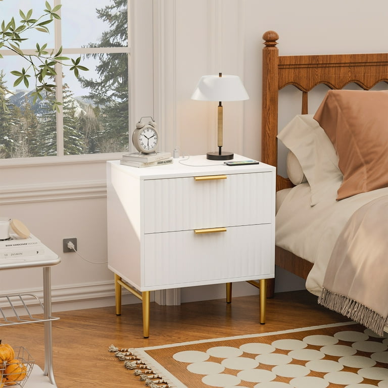 HQZX Modern Wood 2 Drawer Nightstand with Charging Station,Bedside Table White Finish,Adult,23.5 HQZX Modern Wood 2 Drawer Nightstand with Charging Station,Bedside Table White Finish,Adult,23.5