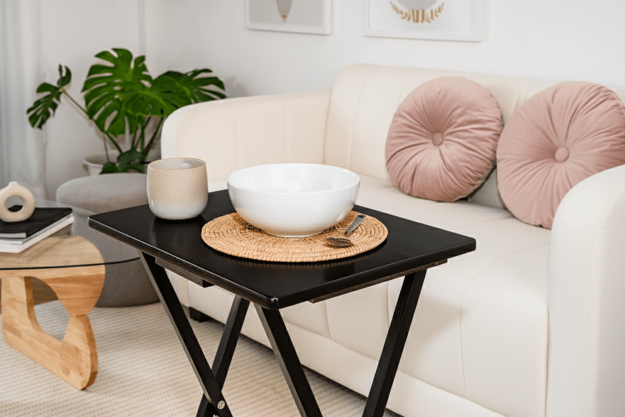 Mainstays 4-Piece Black Rubberwood Indoor Folding TV Tray Table Set with Storage Rack