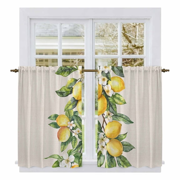 Yellow Lemon Tier Curtains, Spring Botanical Leaves Fruit Farmhouse Light Filtering Kitchen Curtains, 2Pcs Rod Pocket Half Window Treatments Panels for Sink Cafe Cabinet Basement 27.5x45 Inches