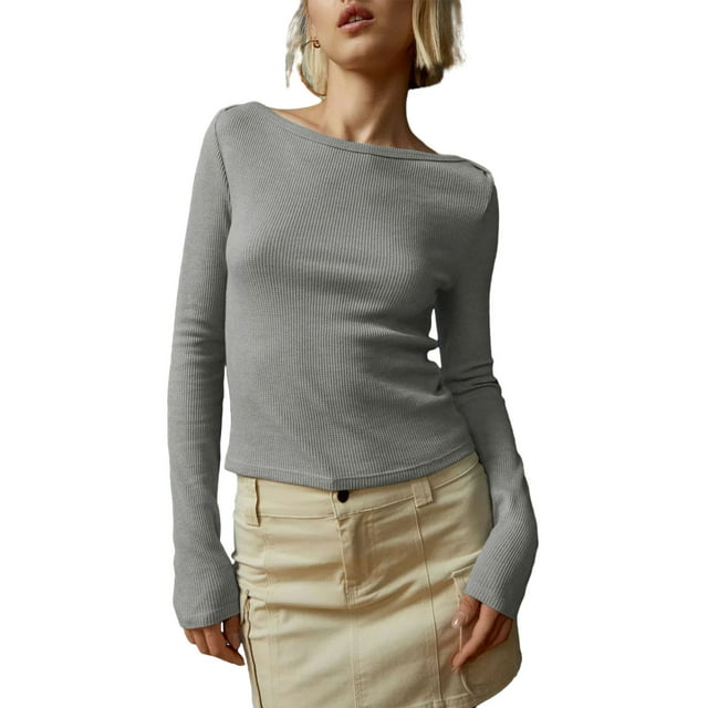 SUNSIOM T-Shirts à Manches Longues Col Rond Rayé Ajusté pour Femmes Automne Basique Sortie