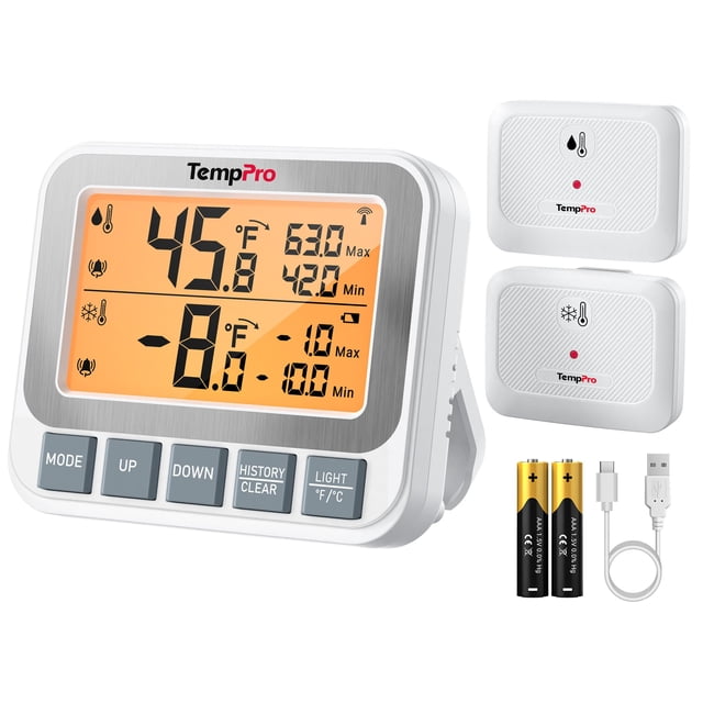 TempPro Thermomètre de Réfrigérateur Sans Fil avec Alarme, Portée de 500 Pi/150 m, Haute Précision, Thermomètre Rechargeable avec Disque LCD Rétroéclairé