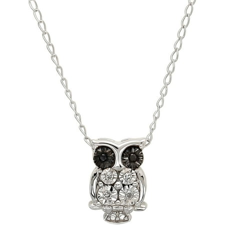 Petite Expressions Black and White Diamond Accent Mini Owl Pendant in Sterling Silver, 17