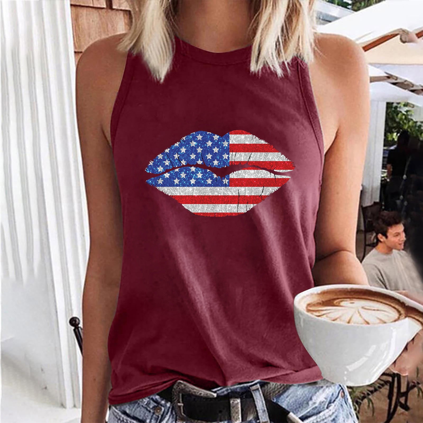 【AMERI】FLARE SHIRT WITH VEST AnuirheiH American Flag Tank Tops for Women 4th of July