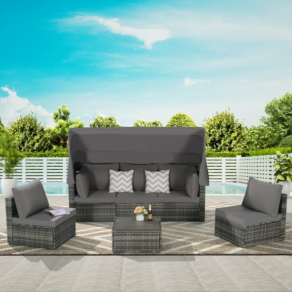 5 Pieces Outdoor Daybed with Retractable Canopy,Patio Wicker Sunbed Furniture Set with Storage Side Table and Sofa Cushions for Backyard, Porch, Garden,Dark Gray