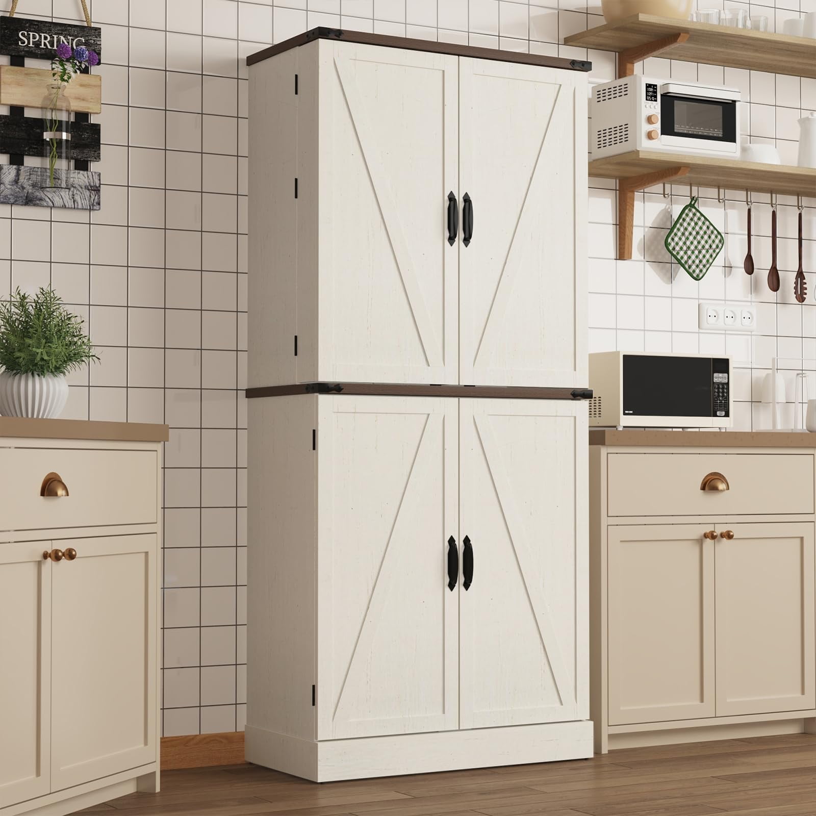 ChVans Farmhouse 71" Tall Kitchen Pantry with 6 Hanging Shelves, 4 Barn Doors Pantry Storage Cabinet with 3 Drawers & Load-Bearing Steel Pipe for Kitchen, Dining Room, Living Room, Rustic White