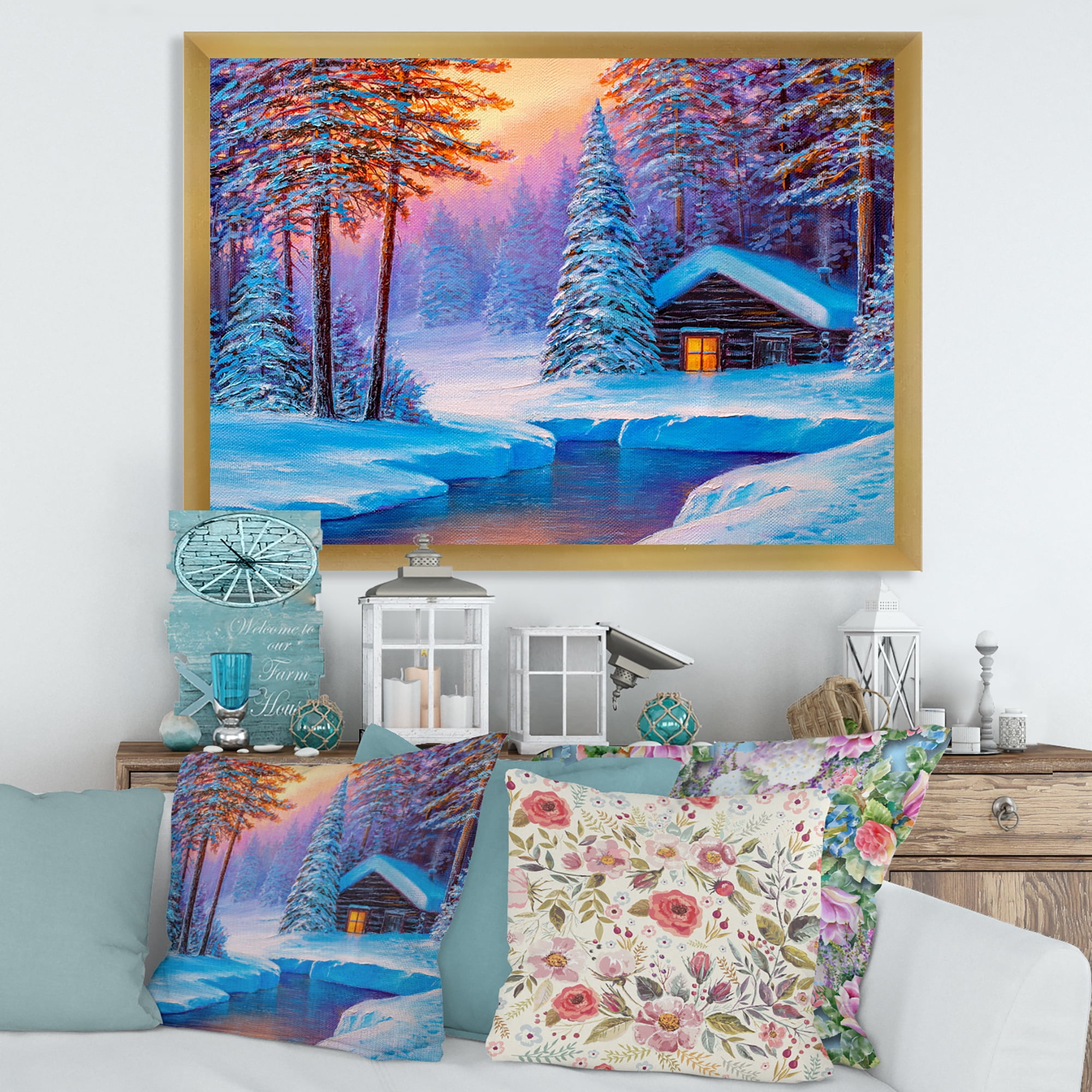 Designart 'Old Cabin In Winter Forest In Evening Glow I' Traditional Framed Art Print