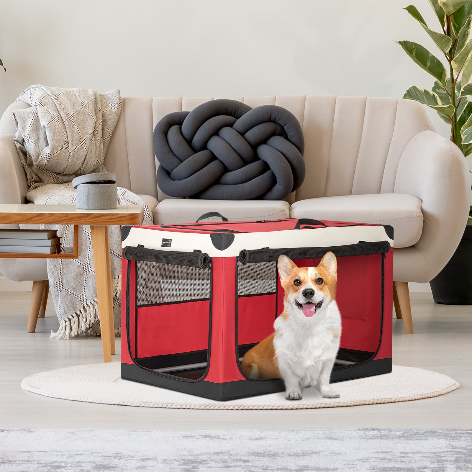 PETSFIT 30inch Soft Sided Dog Crate, Dog Travel Crate-Lightweight, Easy Setup, Sturdy Portable Dog Crate, Adjustable Framework with 3 Mesh Door, Portable Collapsible Dog Kennel, Red