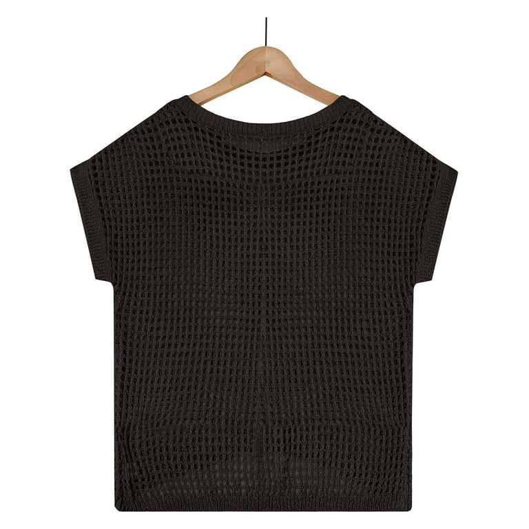 Mesh Crop Top for Women Summer 2024 T-Shirt Black Cut out