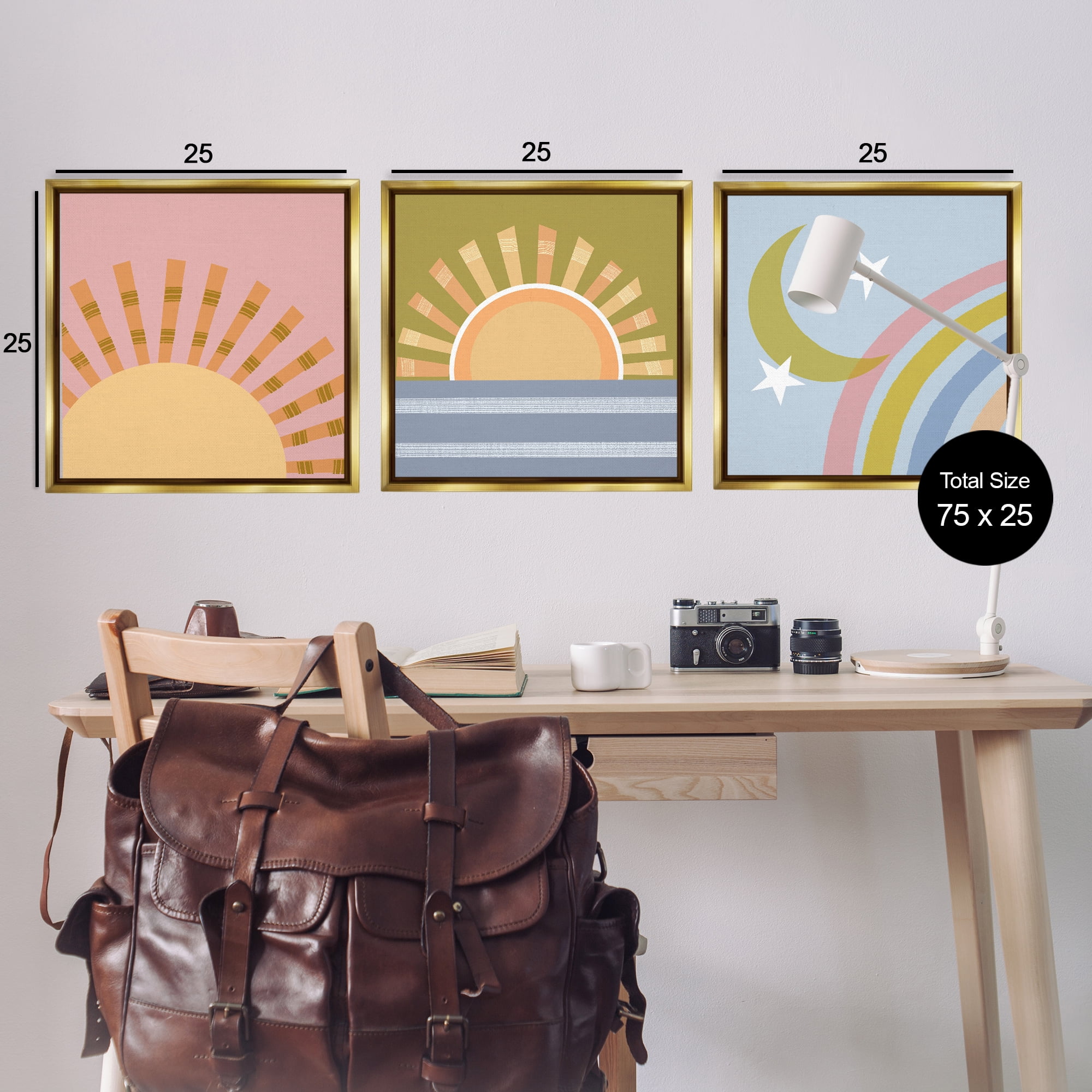 Stupell Industries Rising Sun & Moon Landscape & Nature Painting Gold Floater Framed Canvas Art Print Wall Art, 25 x 25, Set of 3