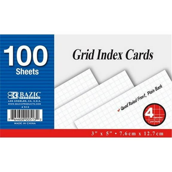 Bazic 100 Ct. 3in. X 5in. Quad Ruled 4-1in. White Index Card Case of 36