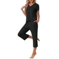 thumbnail image 4 of Conjunto de lounge para mujeres INSPIRE CHIC, camiseta de manga corta, pantalones largos, pantalones capri con cuello en V, conjunto de pijama con botones y bolsillo, talla XS, color negro, 4 of 6