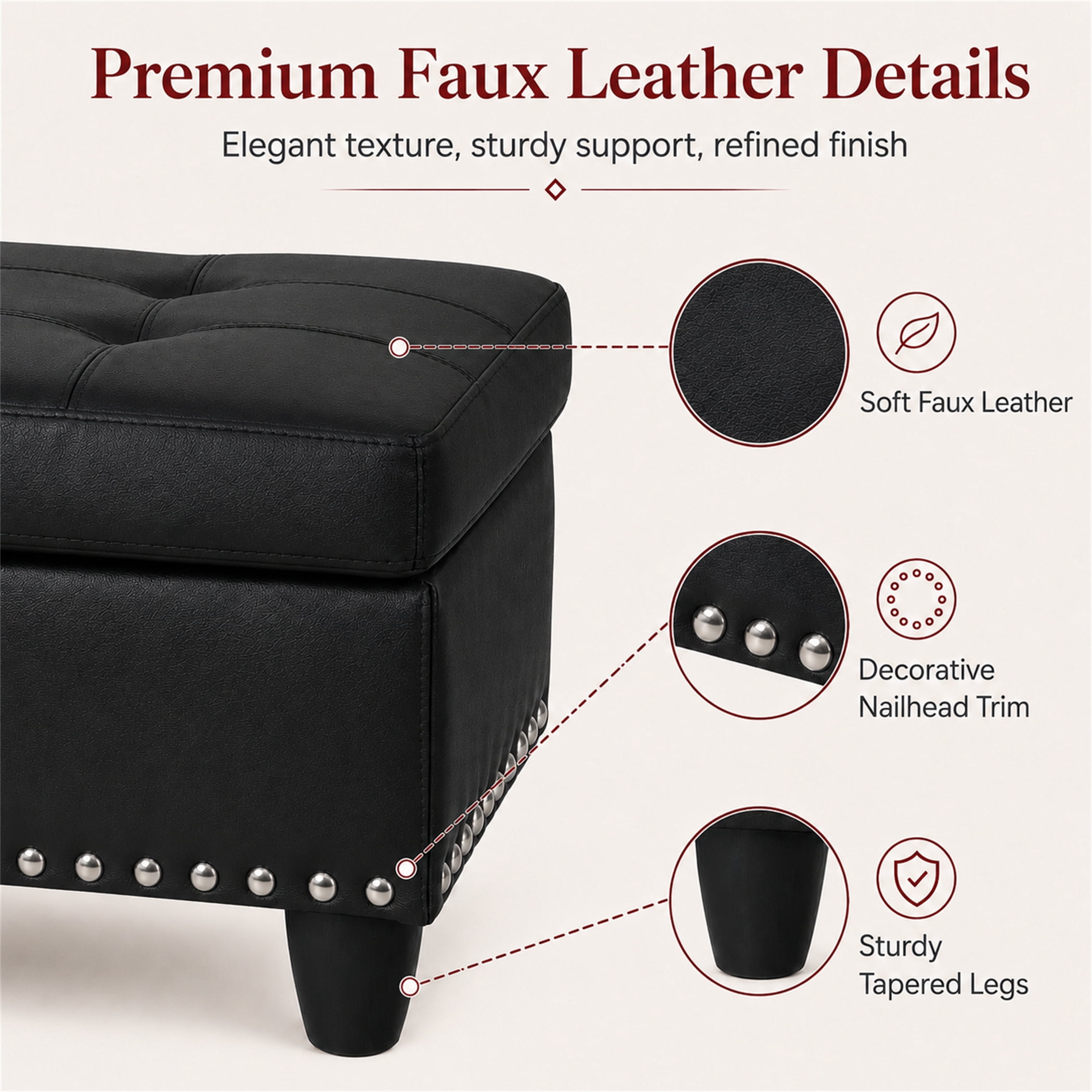 Aukfa 29" Storage Ottoman Bench for Sectional Sofa for Home Office, Nailhead Trim&Lift Top, Leather, Black