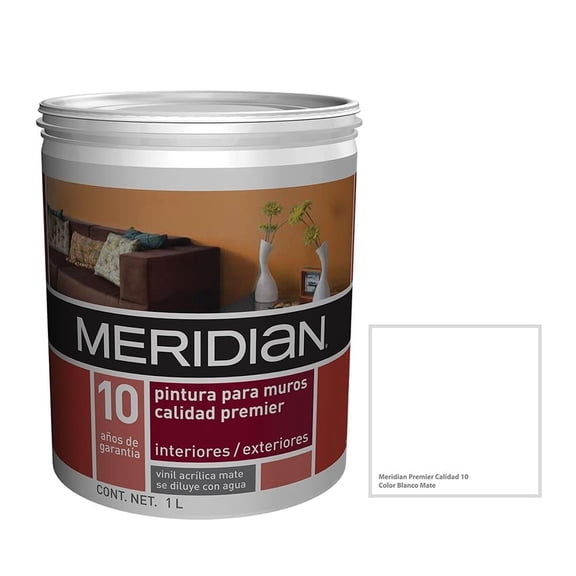 Pintura Meridian Premier 10 Años Blanco Mate 1 Litro