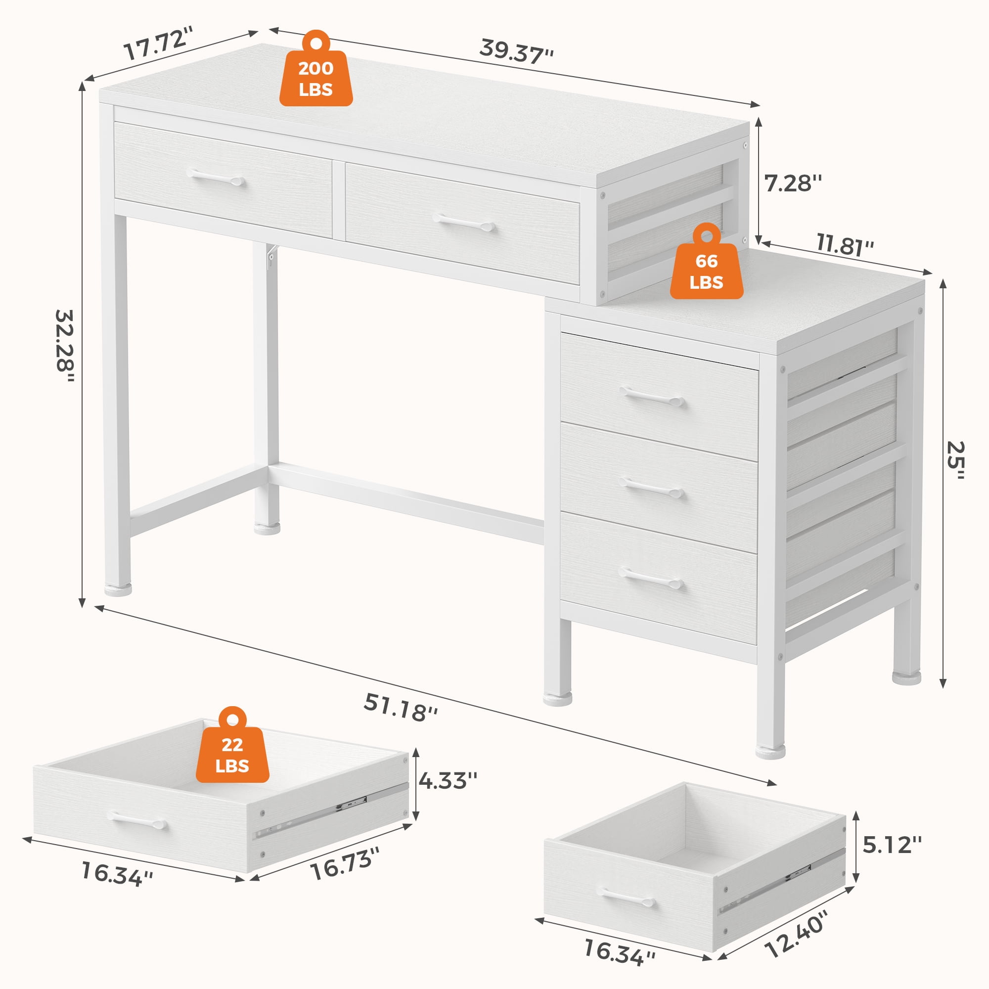 IULULU 51inch Computer Desk with 5 Drawers, Woodtop Desk of Small Spaces, Modern Style for Home Office, White