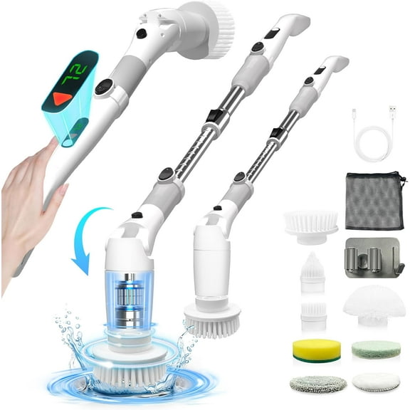 Electric Spin Scrubber, 500 RPM Cordless Cleaning Brush with 8 Replaceable Shower Brush Heads, Adjustable Extension Arm, 2.5H Long Usage Power Shower Scrubber for Bathroom Floor Tile Bathtub