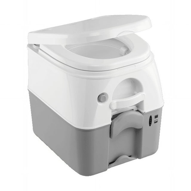 Dometic Outdoor Division Toilet 9108552686 975 Model; Portable; 5 Gallon Size; Push Button Pressurized Flush; Tan; ABS Plastic; Without Hand Sprayer; With Prismatic Tank Level Indicator