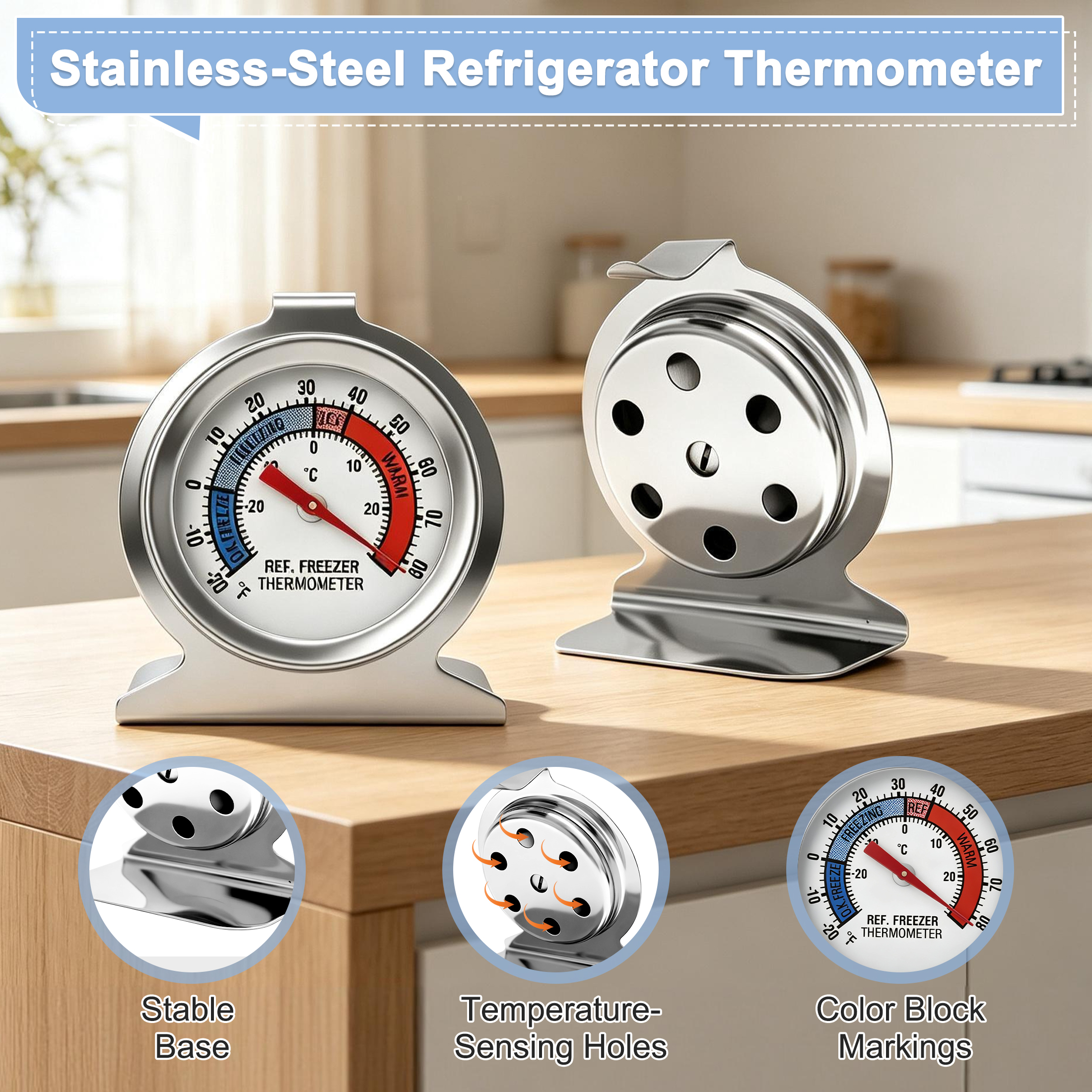 4‑Pack Refrigerator Freezer Thermometer, Stainless‑Steel Analog Dial Temperature Gauge, Dual ℃/℉ Scale, Hanging Standing Thermometer for Household Fridge & Commercial Cold‑Storage