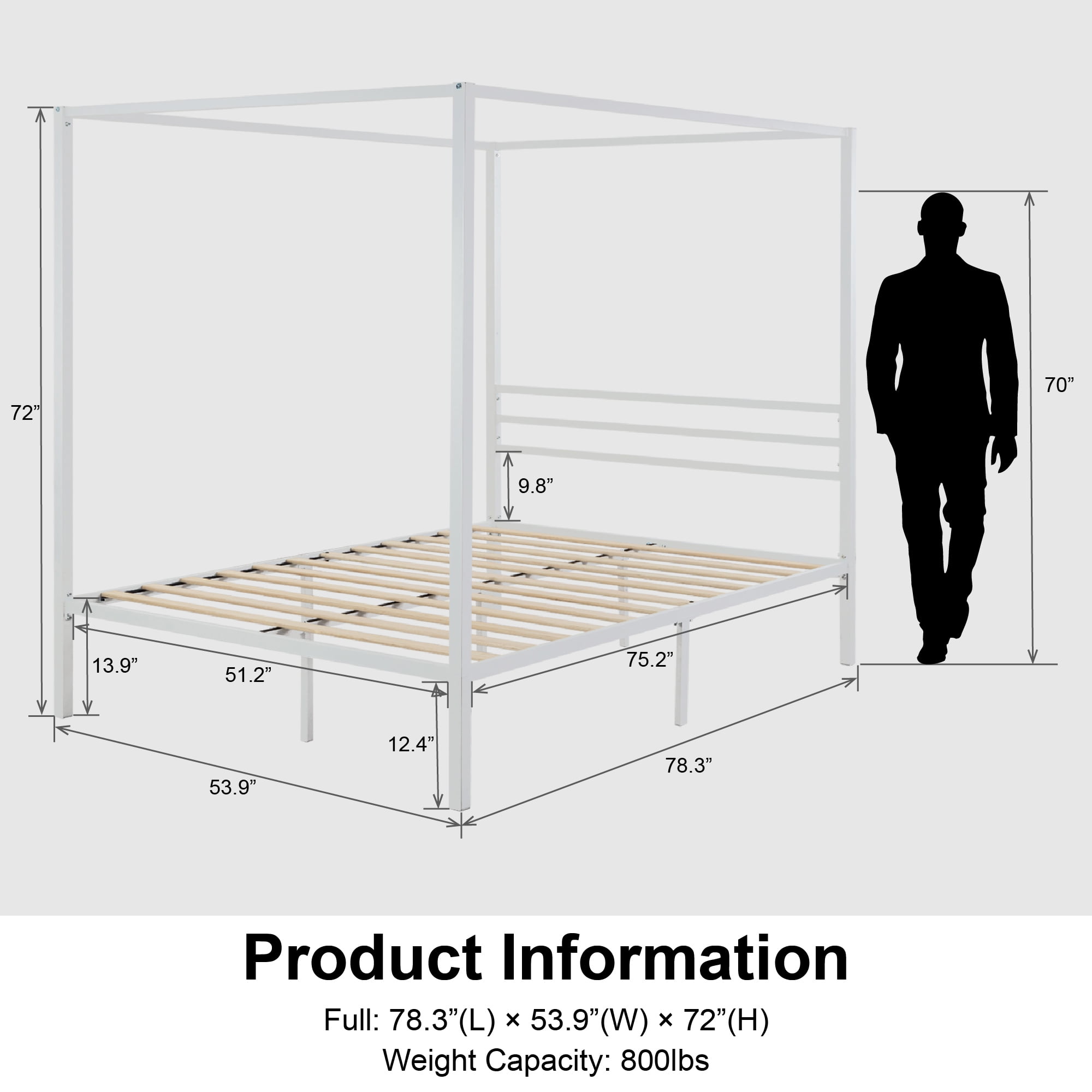 Merrland Full Size Bed Frame, Canopy Platform Bed with Metal Headboard, No Box Spring Needed, White