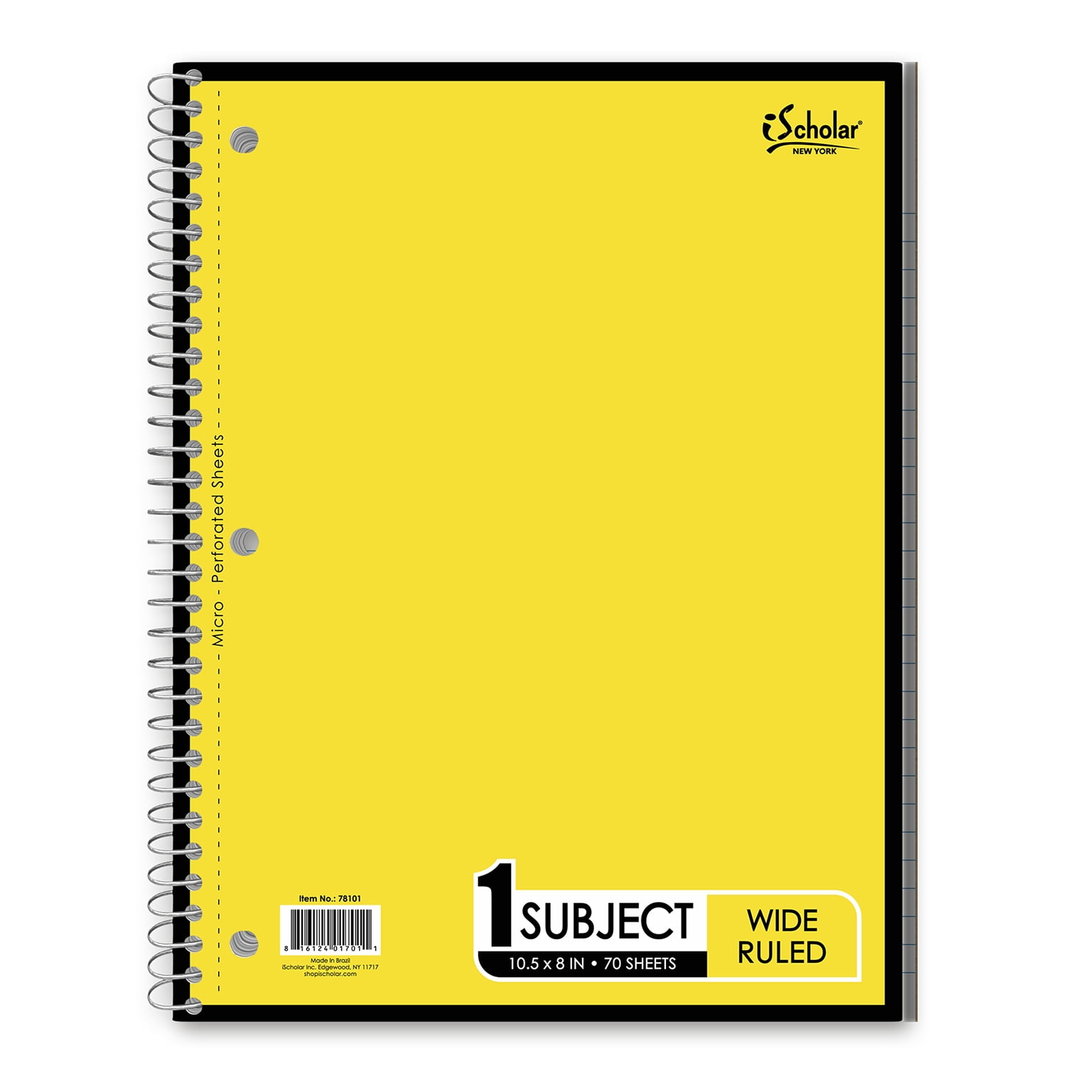 iScholar 1 Subject Notebook, 10.5' x 8', Wide Rule, 70 Sheets, Yellow (78101-YW)