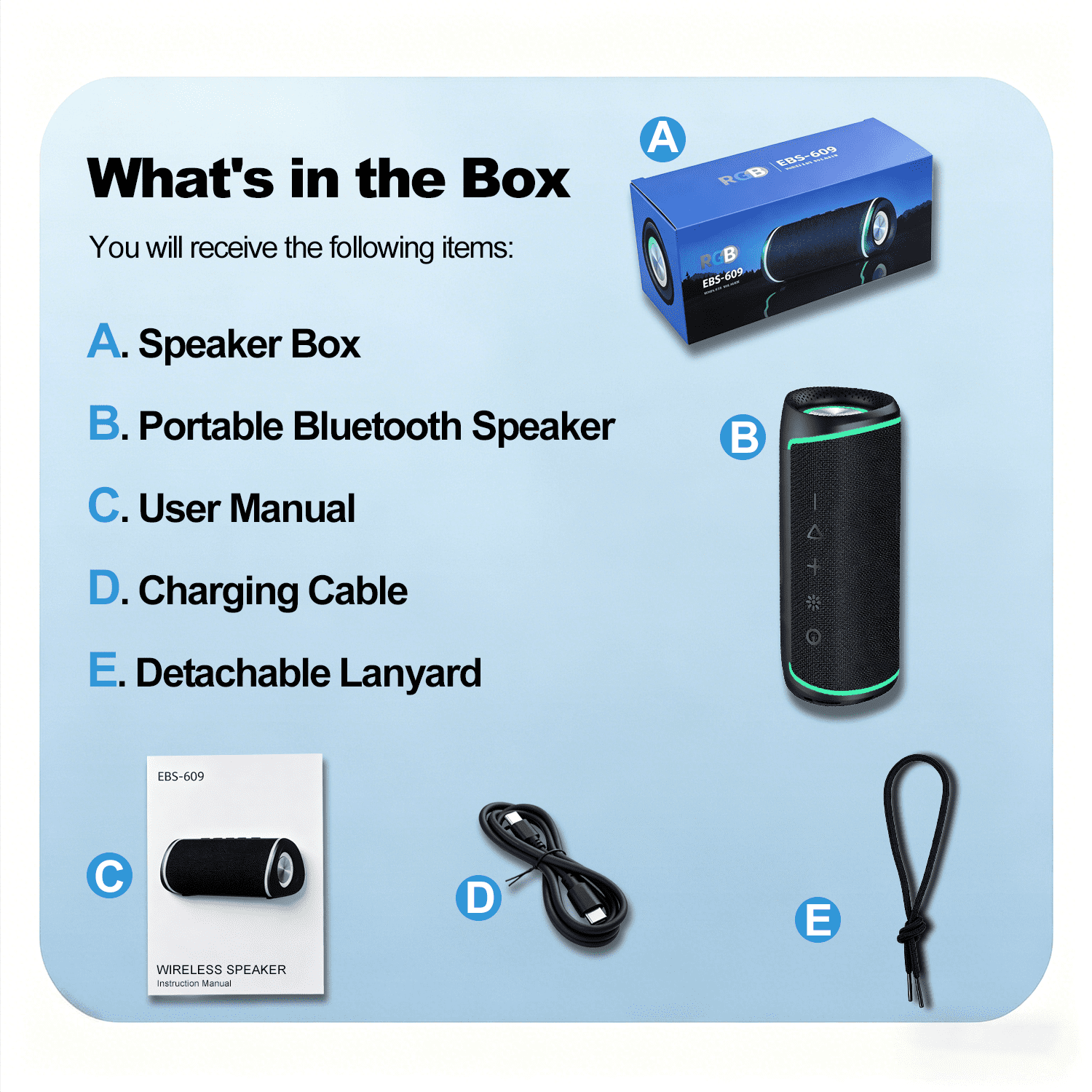 Portable Bluetooth Speaker with RGB Lights, IPX6 Waterproof Wireless Speaker 10H Playtime, Outdoor Loud Speaker with TWS Pairing for Bike Beach Party Home, Black