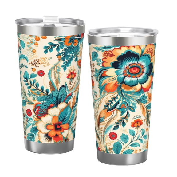 20oz Boho Floral Car Tumbler Insulated Travel Cup with Handle and Straw Lid Gift with Double Silver Rim