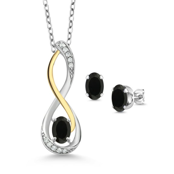 Gem Stone King 1.27 Ct Black Onyx E-F Lab Grown Diamond 925 Silver and 10K Yellow Gold Infinity Pendant and Earrings Jewelry Set