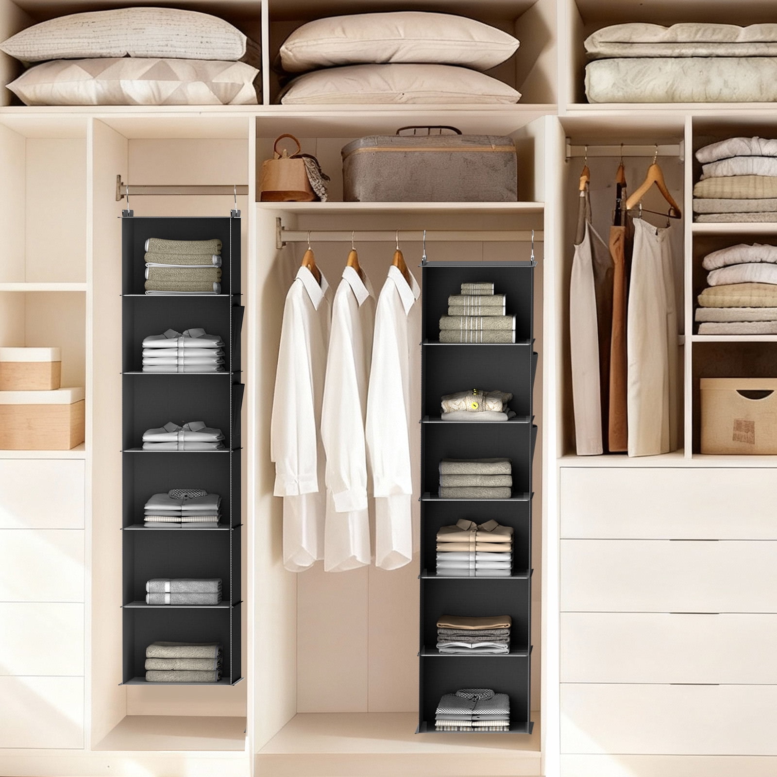 Closet Hanging Storage Shelves, 6-Shelf Hanging Closet Organizer with Bamboo Inserts, Foldable Closet Organizers and Storage for Bedroom,Sturdy Hook Closet Storage W/ 2 Side Pockets,Gray