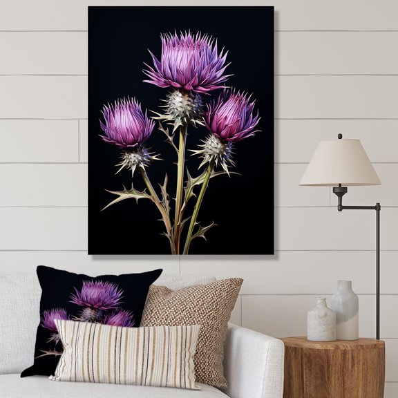 Designart "Thistle Flowers in Purple and Black I" Floral Canvas Wall Art - Traditional Black Thistle Hallway Wall Art Decor
