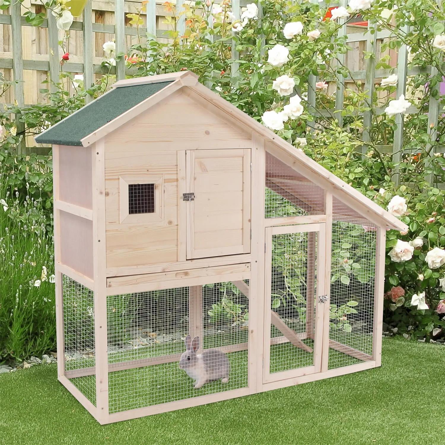 Kadyn 55" Outdoor Rabbit Hutch with Slide-out Tray, Wooden Small Animal Habitat Chicken Coop Bunny Cage for Bunnies, Guinea Pigs, Beige
