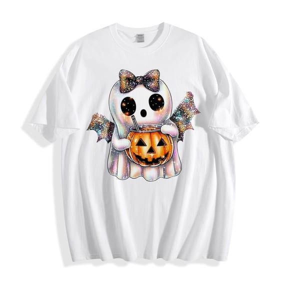 Xdegoge Women's Cute Sparkly Ghost Pumpkin Graphic Tees Halloween Short Sleeve Crewneck T-Shirt Casual Fall Holiday Party Tops Shirts Comfortable Loose Fit Novelty Blouse