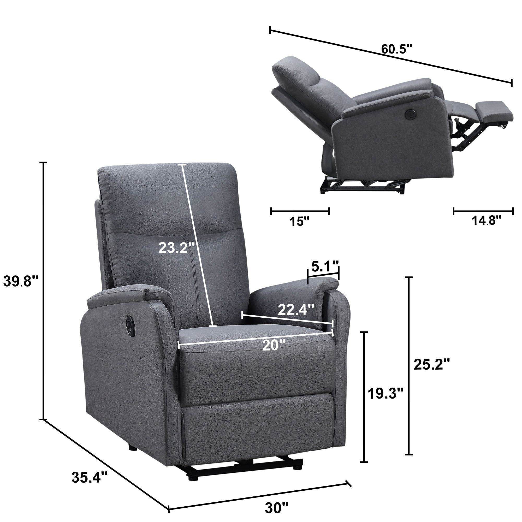 DEALTOPS Power Recliner Chair with USB Ports, Recliner Single Chair with Adjustable Footrest, Gray