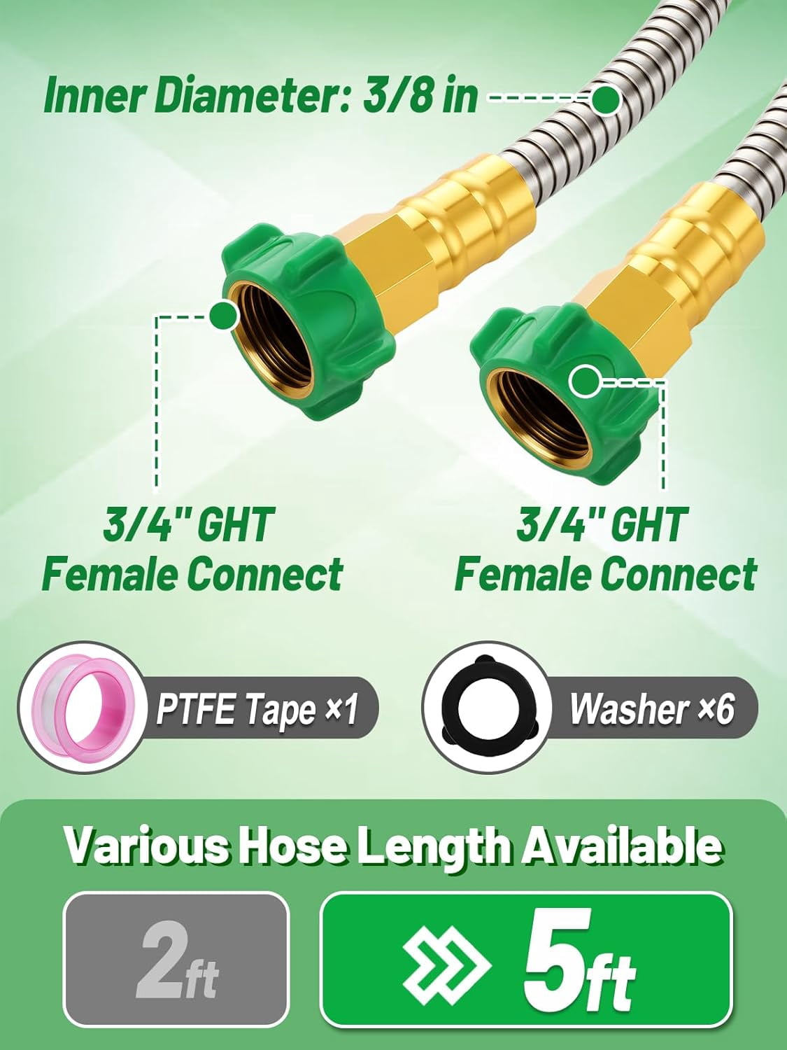 Female to Female Leader Hose for Hoses Reel - 5ft Leakproof Kink Free Short Garden Hose, Heavy Duty 304 Stainless Steel Flexible Water Pipe for Outdoor Garden Watering Car Pet Cleaning