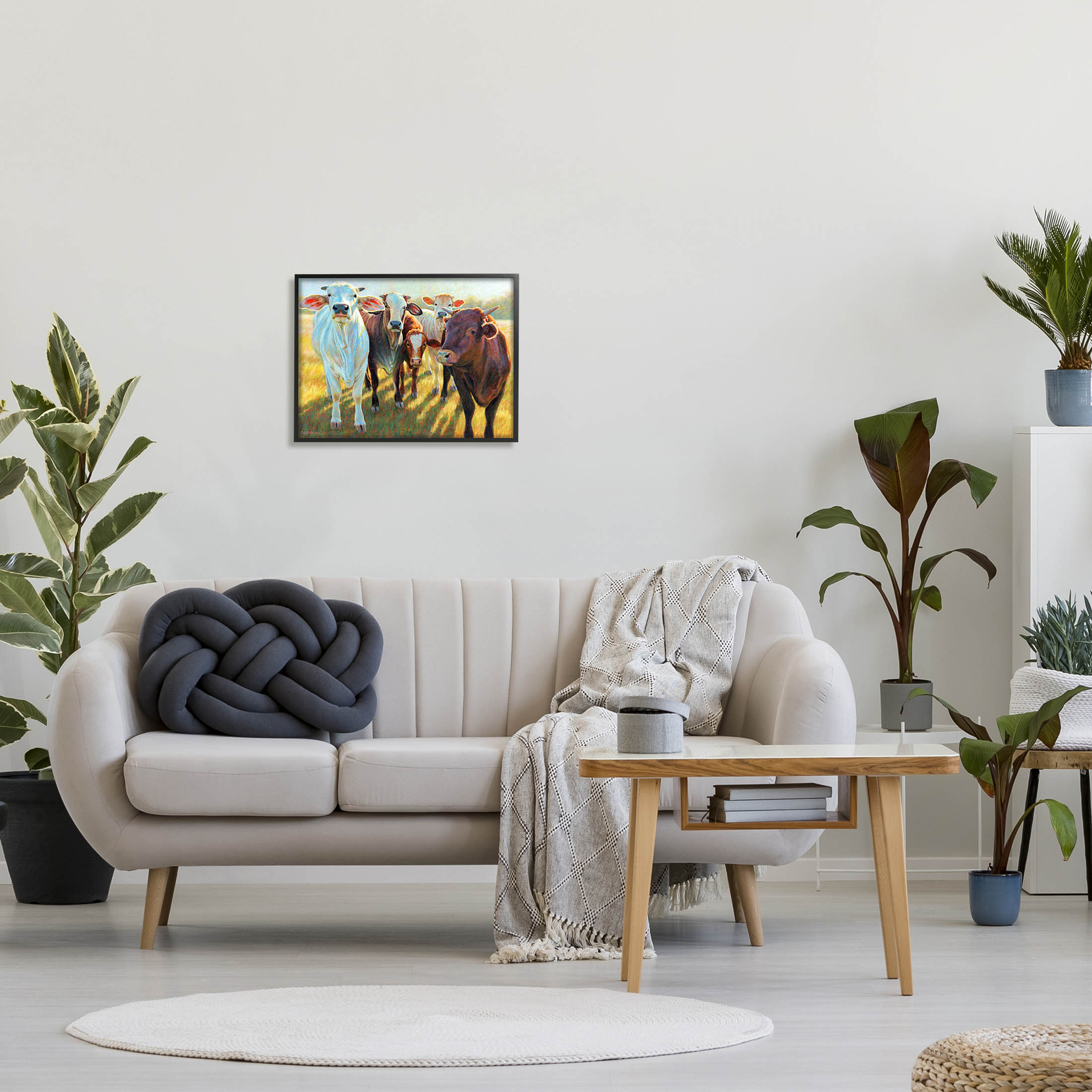 Various Cattle Sunny Farmland Field Animals & Insects Painting Black Framed Art Print Wall Art