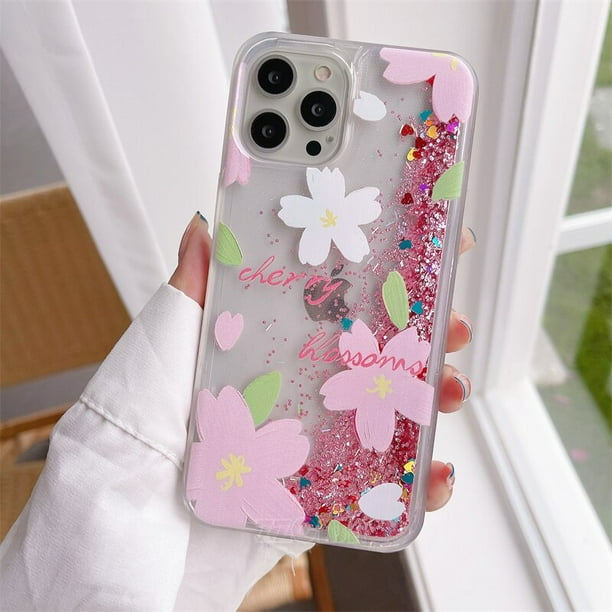 Funda rosa con flores de cerezo para iPhone, carcasa con purpurina líquida, arena movediza, para iPhone 14 Pro Max 13 12Mini 11 XS XR X SE 2020 6 6S 7 8 Plus Fivean unisex