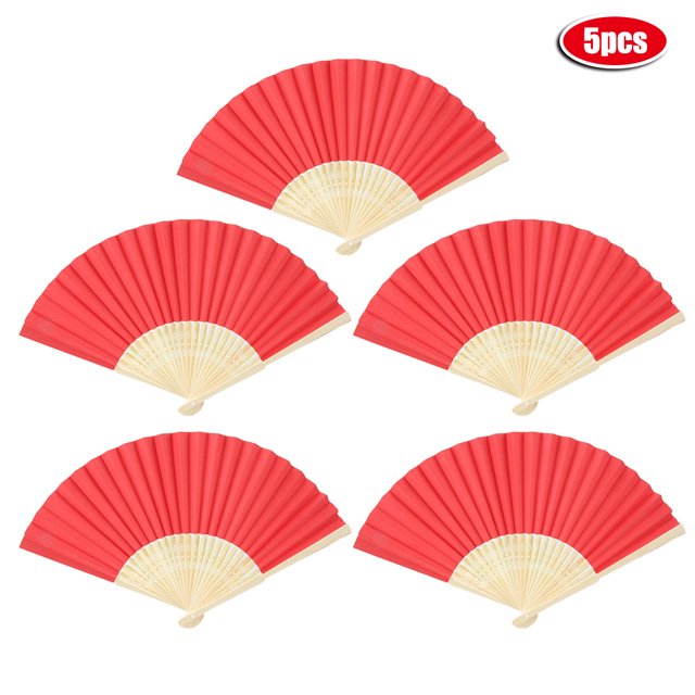 Paquete de 5 ventiladores plegables de bambú rojo para refrescarse y decorar en verano